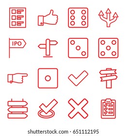 Choice icons set. set of 16 choice outline icons such as direction   isolated, dice, pointing, thumb up, tick, checklist, clipboard, direction, cross