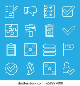 Choice icons set. set of 16 choice outline icons such as direction   isolated, dice, clipboard, check list, dislike, checklist, add user, puzzle, direction