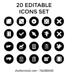 Choice icons. set of 20 editable filled choice icons such as dice, puzzle, pointer, tick, direction, checklist, dislike, clipboard, cancel, cross