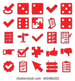 Choice icons set. set of 25 choice filled icons such as direction   isolated, dice, pointing, clipboard, puzzle, check list, thumb up, dislike, tick, checklist, direction