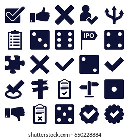 Choice icons set. set of 25 choice filled icons such as dice, puzzle, thumb up, dislike, clipboard, add user, direction, tick, cross, arrow, cancel