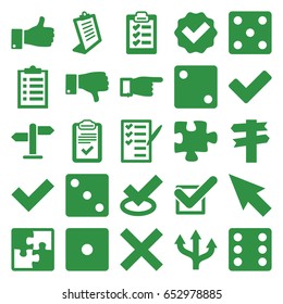 Choice icons set. set of 25 choice filled icons such as dice, pointing, clipboard, puzzle, check list, thumb up, dislike, tick, direction, pointer, arrow, cancel
