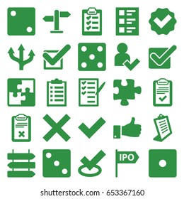 Choice icons set. set of 25 choice filled icons such as direction   isolated, dice, clipboard, puzzle, check list, thumb up, checklist, tick, add user, direction, arrow