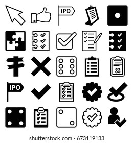 Choice icons set. set of 25 choice filled and outline icons such as dice, clipboard, checklist, add user, puzzle, direction, tick, check list, thumb up, pointer