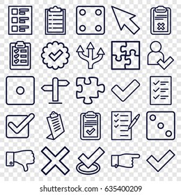 Choice icons set. set of 25 choice outline icons such as dice, pointing, clipboard, puzzle, check list, dislike, tick, checklist, add user, direction, pointer, arrow