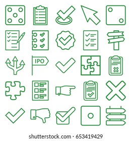 Choice icons set. set of 25 choice outline icons such as direction   isolated, dice, pointing, puzzle, check list, dislike, tick, clipboard, checklist, direction, cross