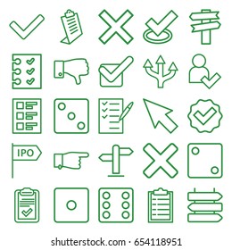 Choice icons set. set of 25 choice outline icons such as direction   isolated, dice, pointing, clipboard, check list, dislike, checklist, tick, add user, direction, cross