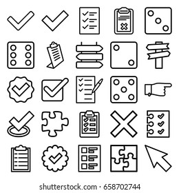 Choice icons set. set of 25 choice outline icons such as direction   isolated, dice, pointing, clipboard, puzzle, check list, checklist, tick, pointer, cancel