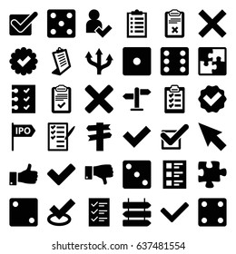 Choice icons set. set of 36 choice filled icons such as direction   isolated, dice, clipboard, puzzle, check list, thumb up, dislike, tick, checklist, add user, direction