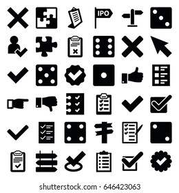 Choice icons set. set of 36 choice filled icons such as direction   isolated, dice, pointing, clipboard, puzzle, check list, thumb up, dislike, tick, checklist, add user