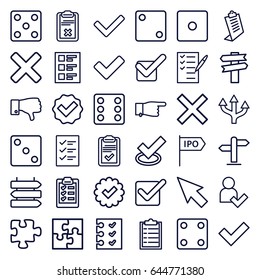 Choice icons set. set of 36 choice outline icons such as direction   isolated, dice, pointing, clipboard, puzzle, check list, dislike, tick, checklist, add user, direction