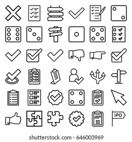Choice icons set. set of 36 choice outline icons such as direction   isolated, dice, pointing, clipboard, puzzle, check list, thumb up, dislike, tick, checklist, add user