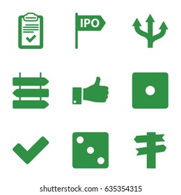 Choice icons set. set of 9 choice filled icons such as direction   isolated, dice, thumb up, tick, clipboard, direction