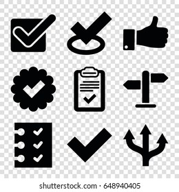 Choice icons set. set of 9 choice filled icons such as thumb up, clipboard, checklist, direction, tick