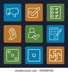 choice icons set. Set of 9 choice outline icons such as Dice, clipboard, check list, dislike, checklist, add user, puzzle