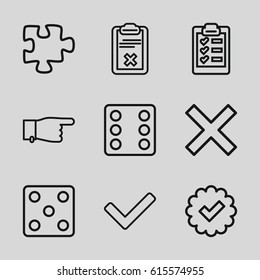 Choice icons set. set of 9 choice outline icons such as Dice, pointing, puzzle, clipboard, tick