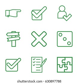 Choice icons set. set of 9 choice outline icons such as dice, pointing, check list, tick, add user, puzzle, cross