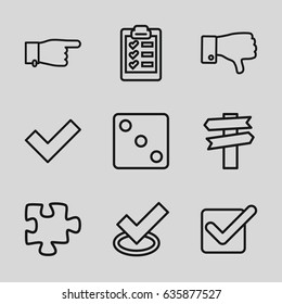 Choice icons set. set of 9 choice outline icons such as dice, pointing, puzzle, dislike, clipboard, tick
