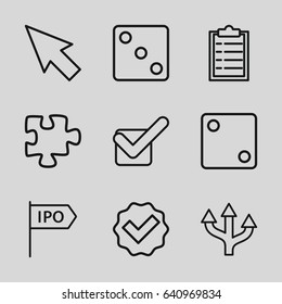 Choice icons set. set of 9 choice outline icons such as dice, puzzle, tick, direction, pointer, arrow