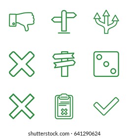 Choice icons set. set of 9 choice outline icons such as dice, dislike, clipboard, direction, tick, cross, arrow