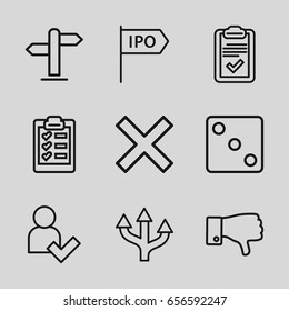 Choice icons set. set of 9 choice outline icons such as dice, dislike, clipboard, add user, direction, arrow