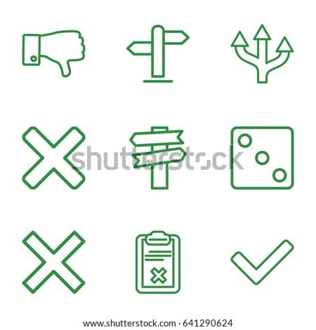 Choice icons set. set of 9 choice outline icons such as dice, dislike, clipboard, direction, tick, cross, arrow