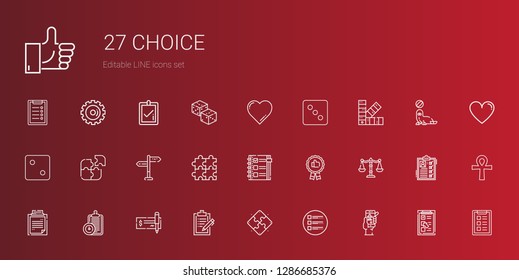 choice icons set. Collection of choice with check in, list, puzzle, clipboard, check, balance, recommended, checklist, directions, dice, pantone. Editable and scalable choice icons.