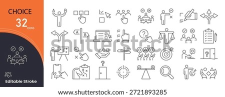 Choice icons set. Includes icons for selection, decision making, options, alternatives, preference, checklist, approval, comparison, and user selection concepts.