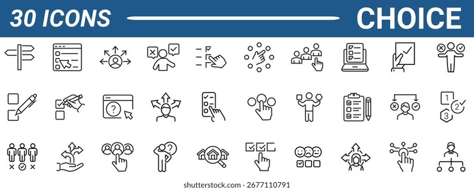Conjunto de iconos de elección. Ilustración vectorial en línea delgada estilo moderno de iconos relacionados con la decisión: hacer elección, estrategia, variedad y más. Trazo editable. Ilustración vectorial