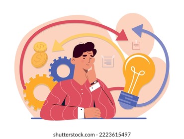 Choice of implementation path. Man sits and props his head on his hand, ponders plan. Creative personality, brainstorming and insight. Poster or banner for website. Cartoon flat vector illustration