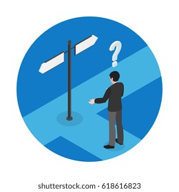 Choice isometric concept with man at crossroads on blue background isometric vector illustration