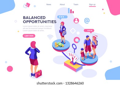 Choice, life responsibility, job choosing, professional decision balance. Banner between white background, between empty space. 3d images isometric vector illustrations. Interacting people