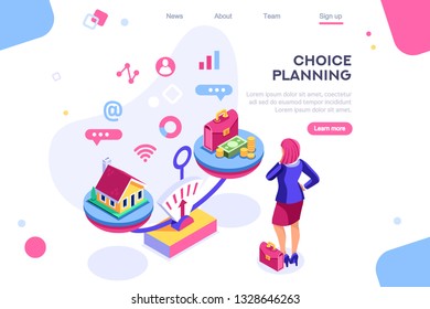 Choice, life responsibility, job choosing, professional decision balance. Banner between white background, between empty space. 3d images isometric vector illustrations. Interacting people