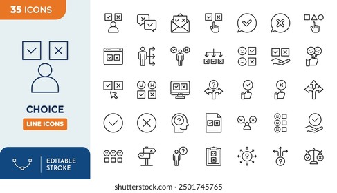 Conjunto de iconos editables de línea de elección. Ilustración vectorial en línea delgada estilo moderno de iconos relacionados con la decisión: hacer elección, estrategia, variedad y más