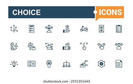 Choice line icon collections. Containing voting, opportunity, buttons, choose, concept, correct, sign, ballot. Minimal linear icons. Solid line editable vector illustration.