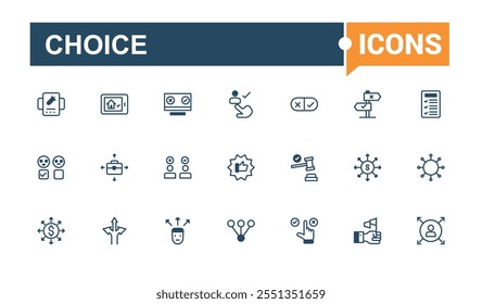 Choice line icon collections. Containing voting, opportunity, buttons, choose, concept, correct, sign, ballot. Minimal linear icons. Solid line editable vector illustration.