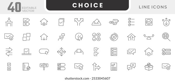 Choice line icon set. Democracy, elections, problem-solving, empathy, quality, statistics, correct, accept, checkmark, validation, badge medal, license line icon set. UI thin line icon pack.