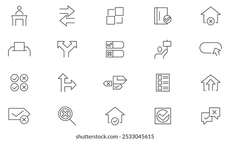 Choice line icon set. Democracy, elections, problem-solving, empathy, quality, statistics, correct, accept, checkmark, validation, badge medal, license line icon set. UI thin line icon pack.