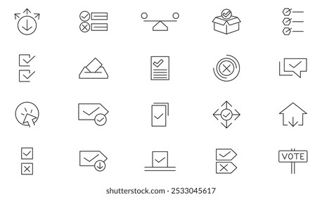 Choice line icon set. Democracy, elections, problem-solving, empathy, quality, statistics, correct, accept, checkmark, validation, badge medal, license line icon set. UI thin line icon pack.