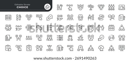 Choice line icon set. Pick, selection, option, checkmark, cross, decision, choose, survey, vote, election, opinion and more. Outline icon in linear style. Vector collection.	
