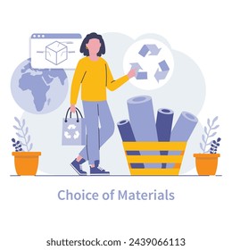 Choice of materials concept. A conscious selection of eco-friendly, recycled, and safe materials for sustainable product development. Vector illustration.