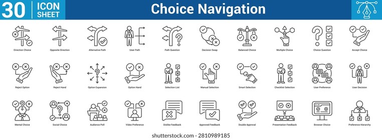 Choice Navigation editable icon set vector illustration concept for business with icon of Direction Choice, Opposite Direction, Alternative Path, User Path, Path Question, Decision Swap, Balance.