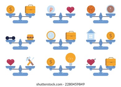 Choice on scales. Different symbols on opposite bowls. Costs of time and love heart. Comparison and weighing elements. Compare business or money coin. Equality of