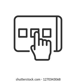 choice of options on the tablet. hand and screen with ticks in boxes. linear icon. Line with editable stroke