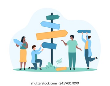 Choice of path direction, solutions search, information guide. Tiny people holding arrows boards near sign post to choose right road at start of journey, correct decision cartoon vector illustration