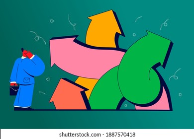 Choice, pathway selection dilemma concept. Businessman cartoon character standing at crossroads and trying to diced which way to go and what business strategy to choose vector illustration 