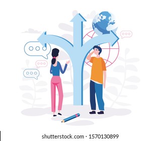 Choice process in business, professional decision. Business people discussing plan, creating generating ideas. Analytics, Team planning project.  Meeting. Vector illustration for web banner
