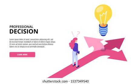 Choice process. Direction choose options, solution, decision. Woman thinking. Web banner. Isometric vector illustration.