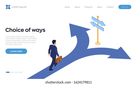 Choice process. Direction choose options, solution, decision. A businessman with a briefcase in hand is walking along the road to a crossroads. Business decision concept. Isometric vector illustration