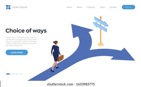 Choice process. Direction choose options, solution, decision. A businesswoman with a briefcase in hand is walking along the road to a crossroads. Business concept. Isometric vector illustration.